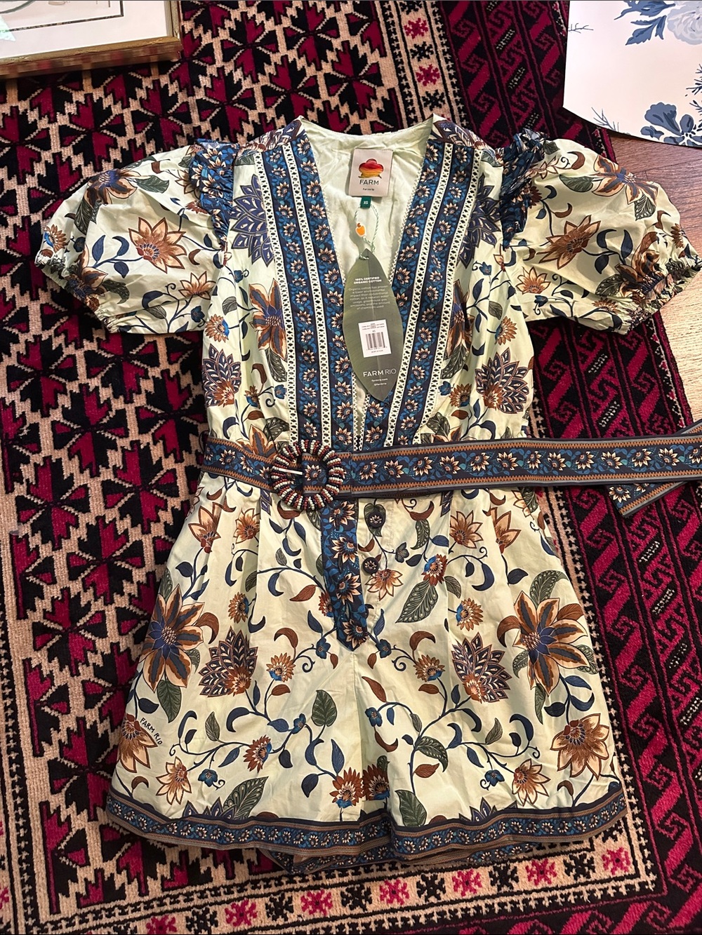 FARM Rio Cream Floral Delhi Tapestry Puff-Sleeve Romper
